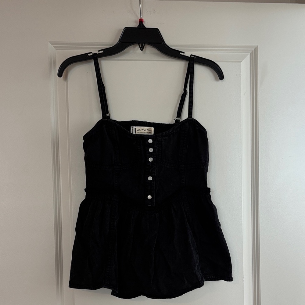 We The Free Black Snap Front Spaghetti Strap Denim Top